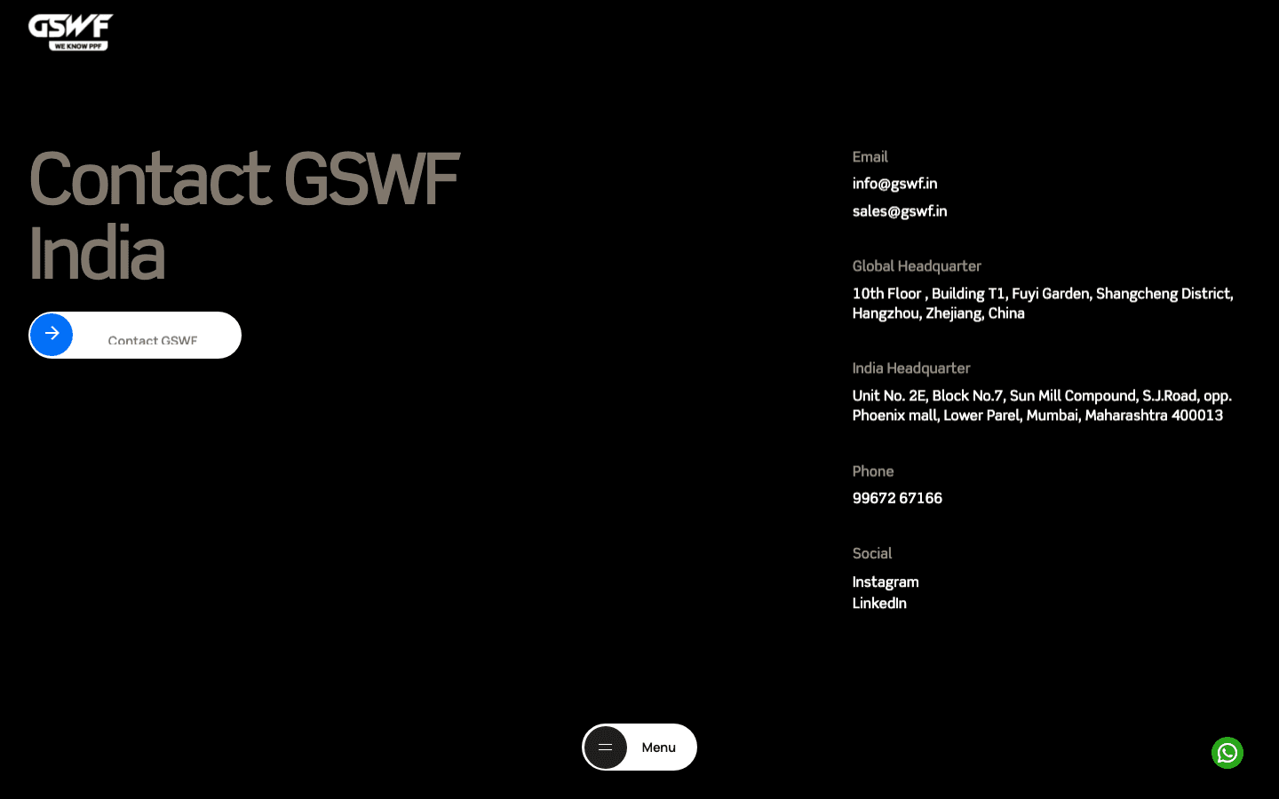 GSWF India new contact page — clean layout with Contact GSWF CTA, email, India and global HQ addresses clearly listed