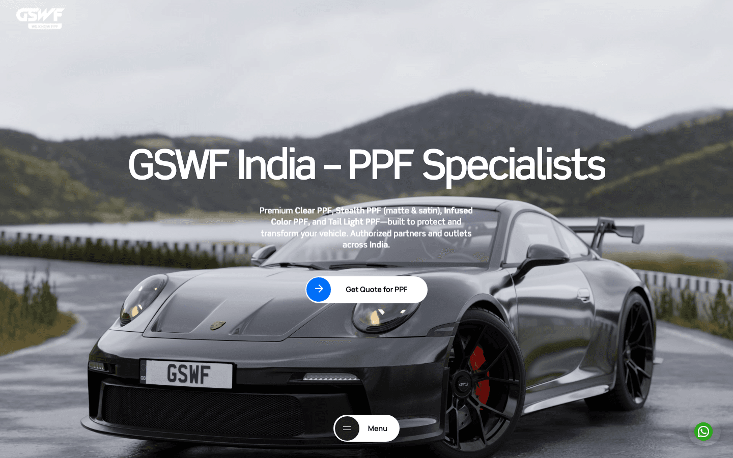 GSWF India new website hero — premium clean design with PPF Specialists headline and Get Quote CTA