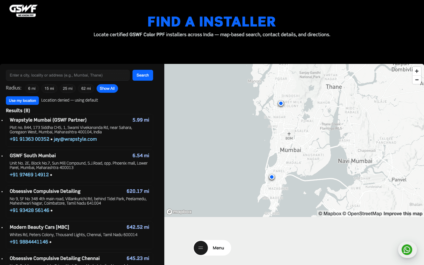 GSWF India new installer page — live listings with installer names, addresses, phone numbers and map with distance