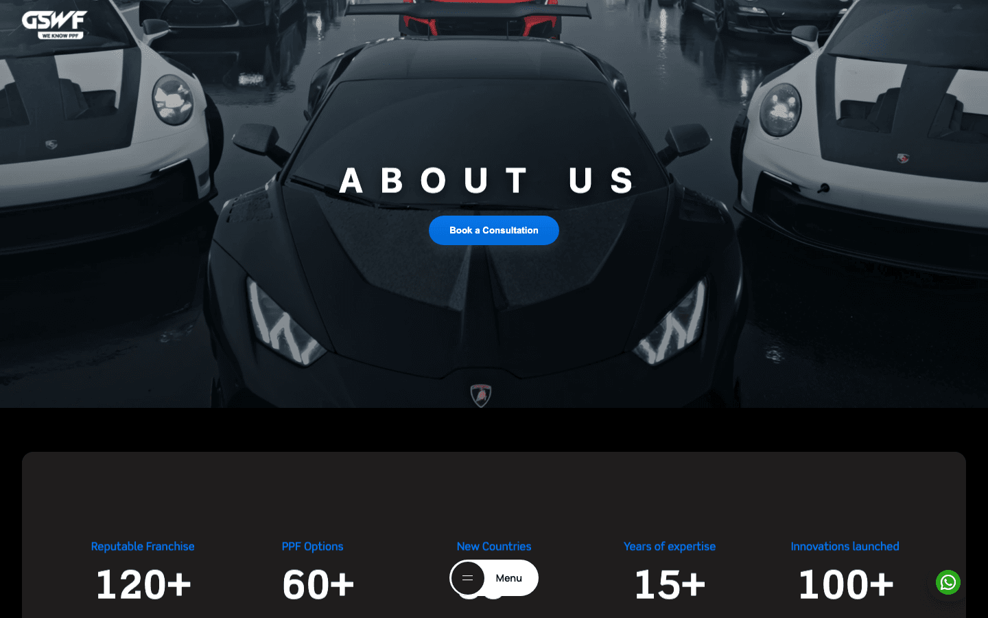 GSWF India new About Us page — dark premium design with 120+ franchises, 60+ PPF options, 15+ years stats
