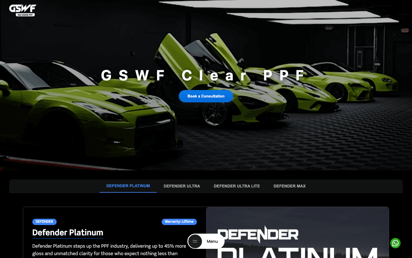 GSWF India new Clear PPF product page — product variants Defender Platinum, Ultra, Lite, Max with tabbed layout