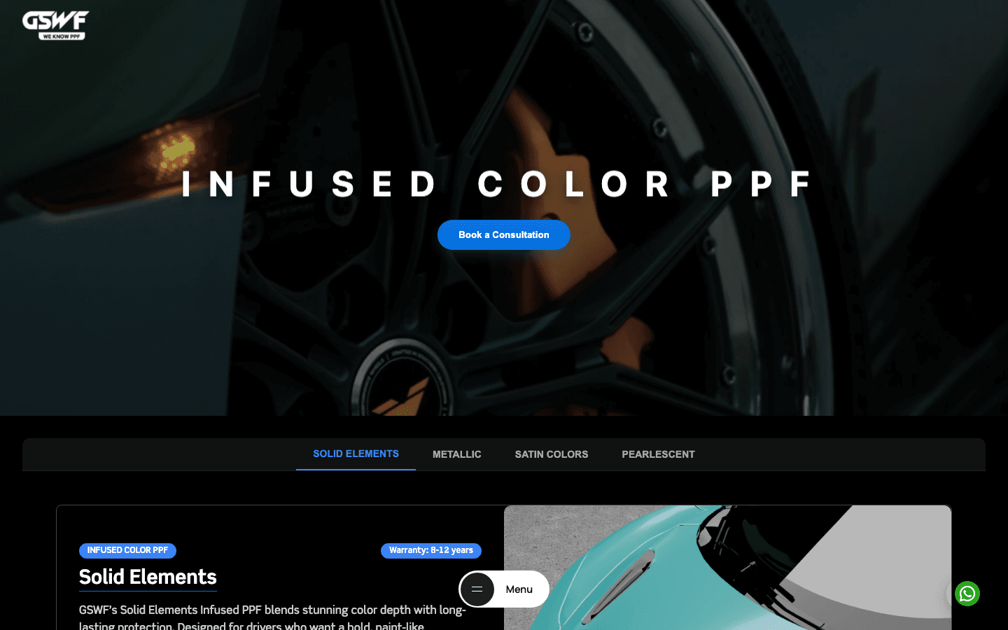 GSWF India new Infused Color PPF page — Solid Elements, Metallic, Satin Colors, Pearlescent categories