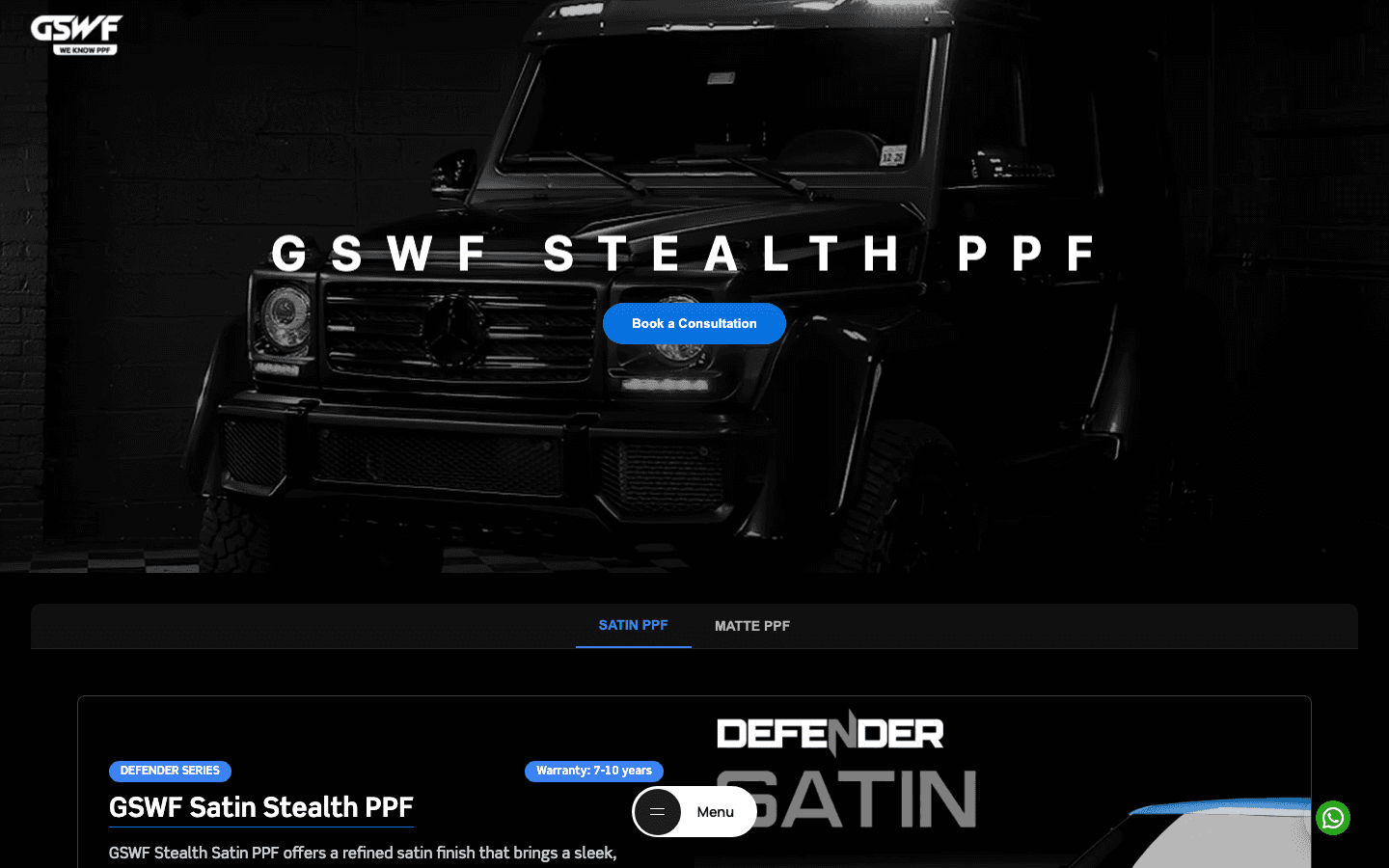 GSWF India new Stealth PPF product page — Satin and Matte PPF variants with Defender Satin branding
