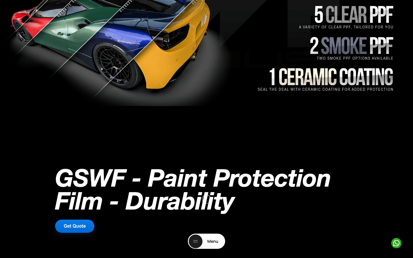 GSWF India new website — product variants clearly listed: 5 Clear PPF, 2 Smoke PPF, 1 Ceramic Coating with Get Quote CTA