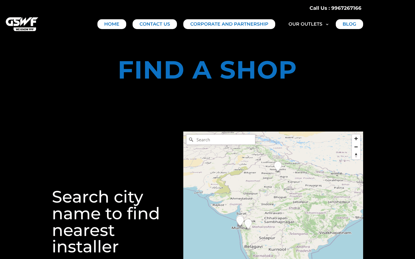 GSWF India old installer page — plain map with Search city name instruction and no results shown