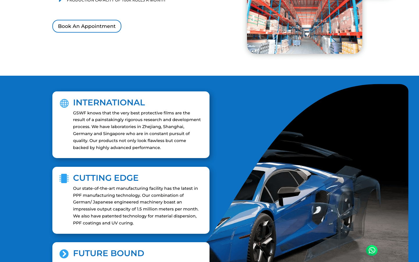 GSWF India old website — credibility buried in text blocks under International and Cutting Edge headings