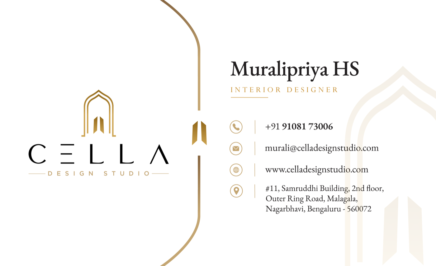 CELLA Design Studio business card back designed by Webwave — the gold arched-doorway emblem centred on a clean divider line