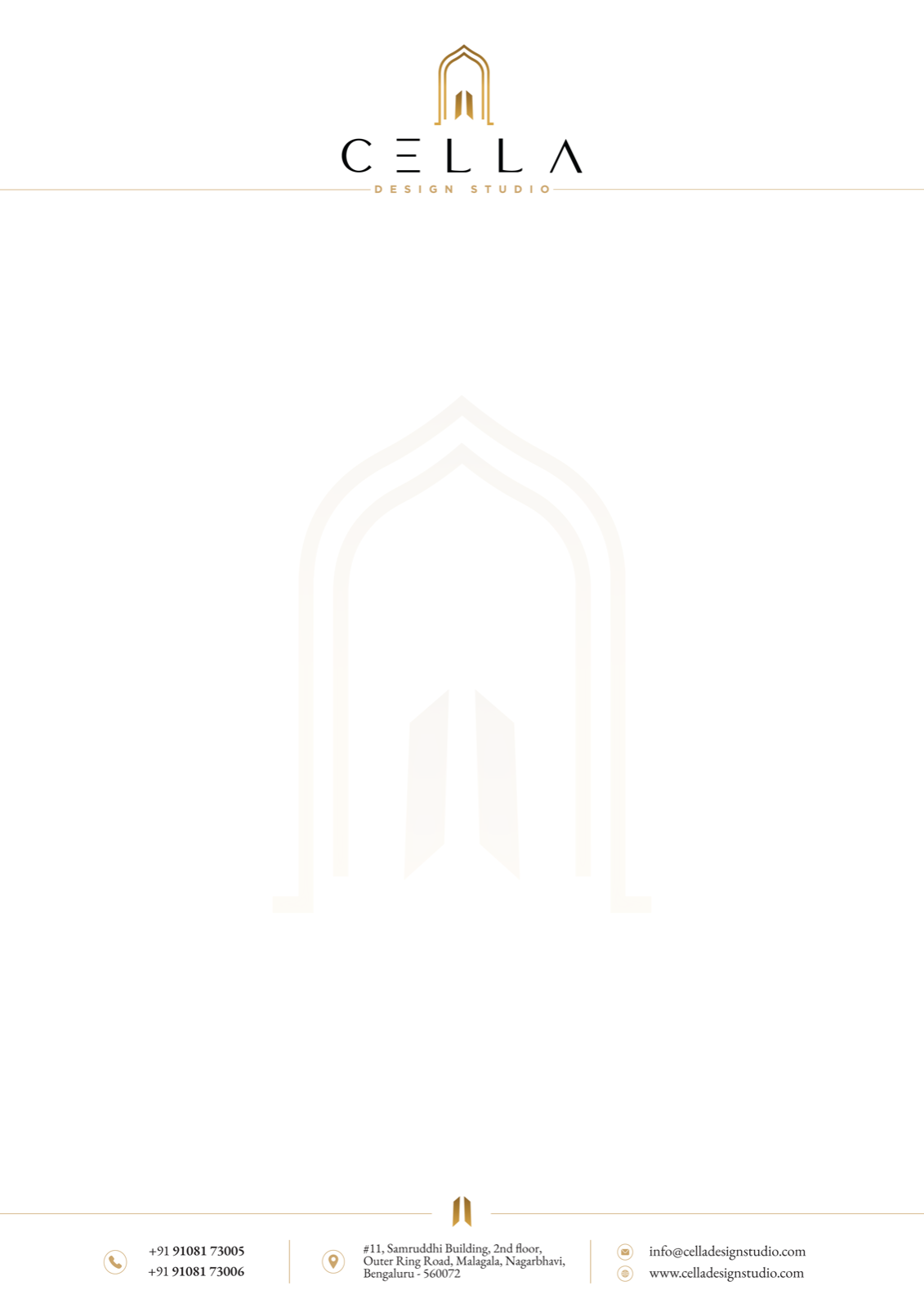 CELLA Design Studio letterhead designed by Webwave — logo header, faint arch watermark and a footer contact strip for a Bangalore interior design studio