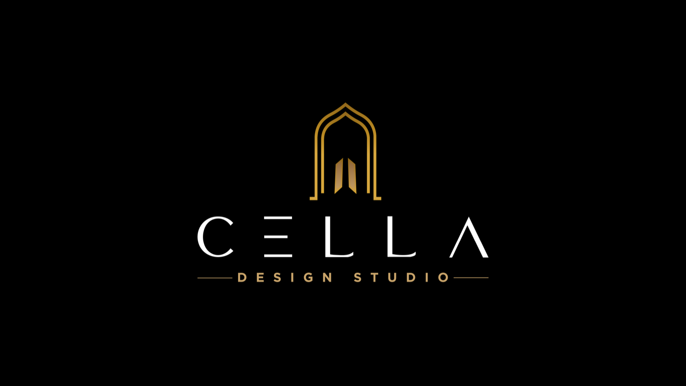 CELLA Design Studio logo in black on a white background — the same interior design brand mark shown in its light-background finish