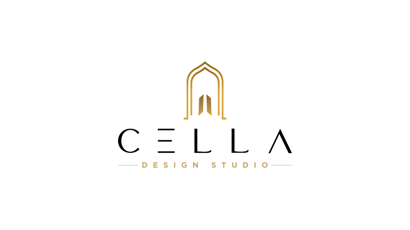 CELLA Design Studio logo designed by Webwave — a gold arched-doorway monogram above the CELLA wordmark for a Bangalore interior design studio